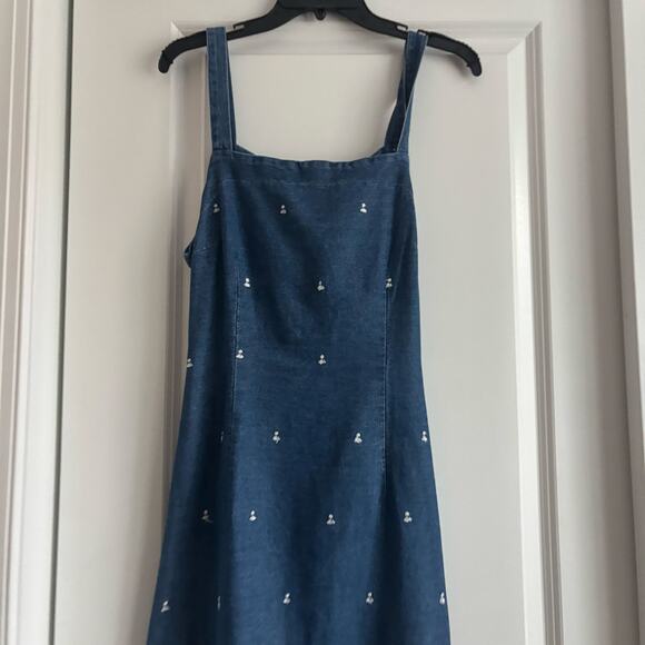 Vintage 90s FACETS Denim Maxi Dress Embroidered Cottagecore Square Neck Sz 14 - Picture 3 of 16